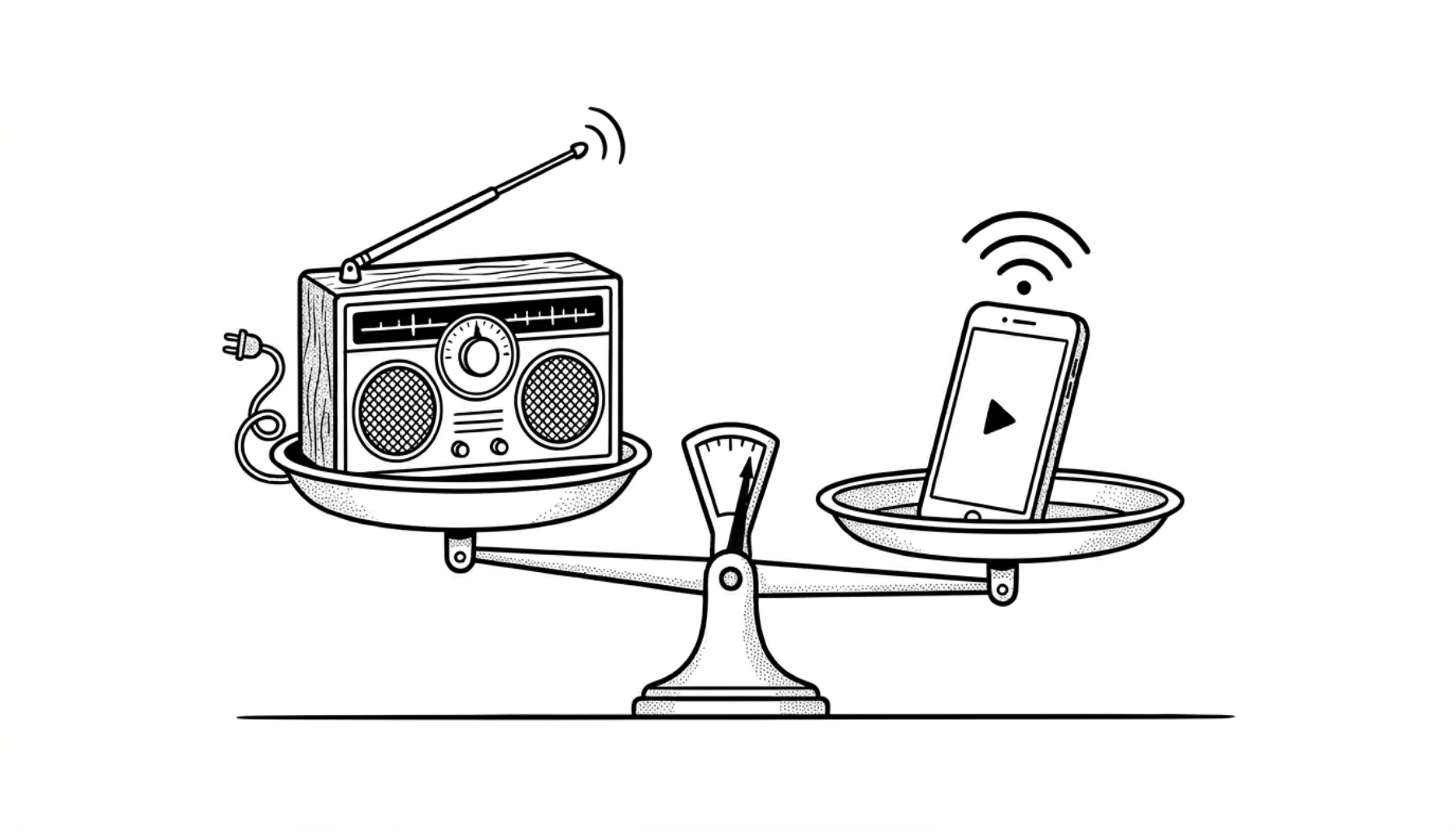 Balance scale weighing a vintage AM/FM radio against a smartphone with WiFi signal, illustrating internet radio versus traditional broadcast