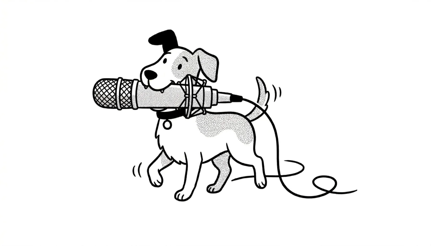 Dog carrying a large broadcast microphone with the cable trailing behind