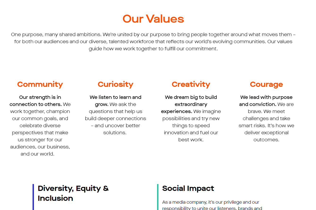 Example of core values from audacity, entercom rebrand