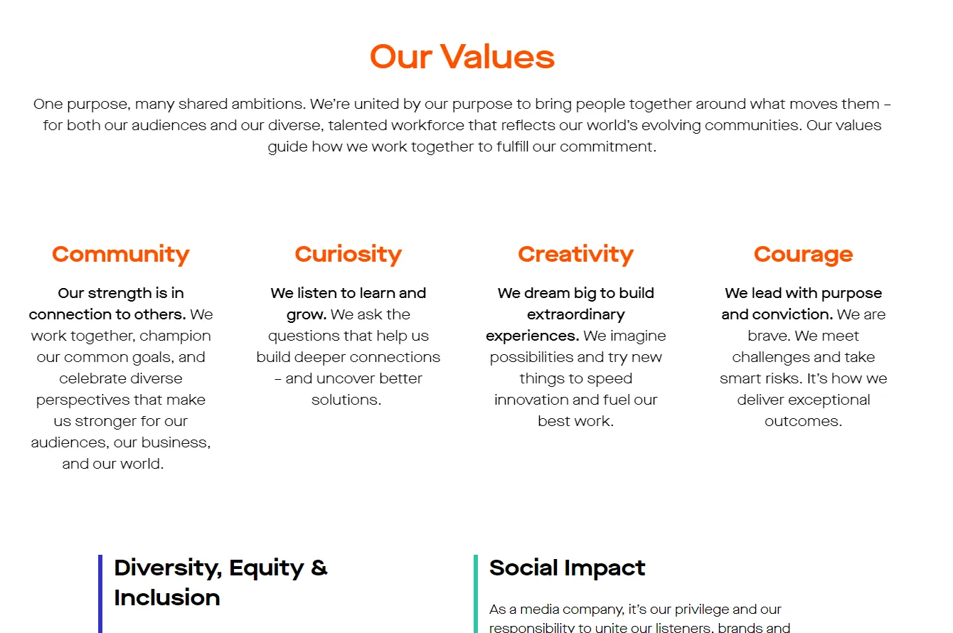 Example of core values from audacity, entercom rebrand