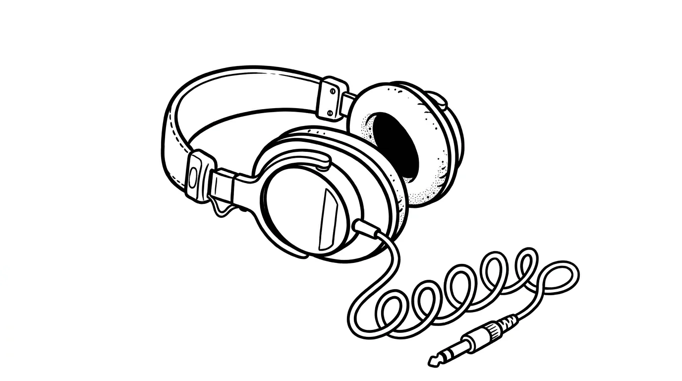 Linear-style black-and-white ink illustration of a classic broadcast studio headphone pair viewed from a three-quarter angle, with a coiled cable spiraling down to the right