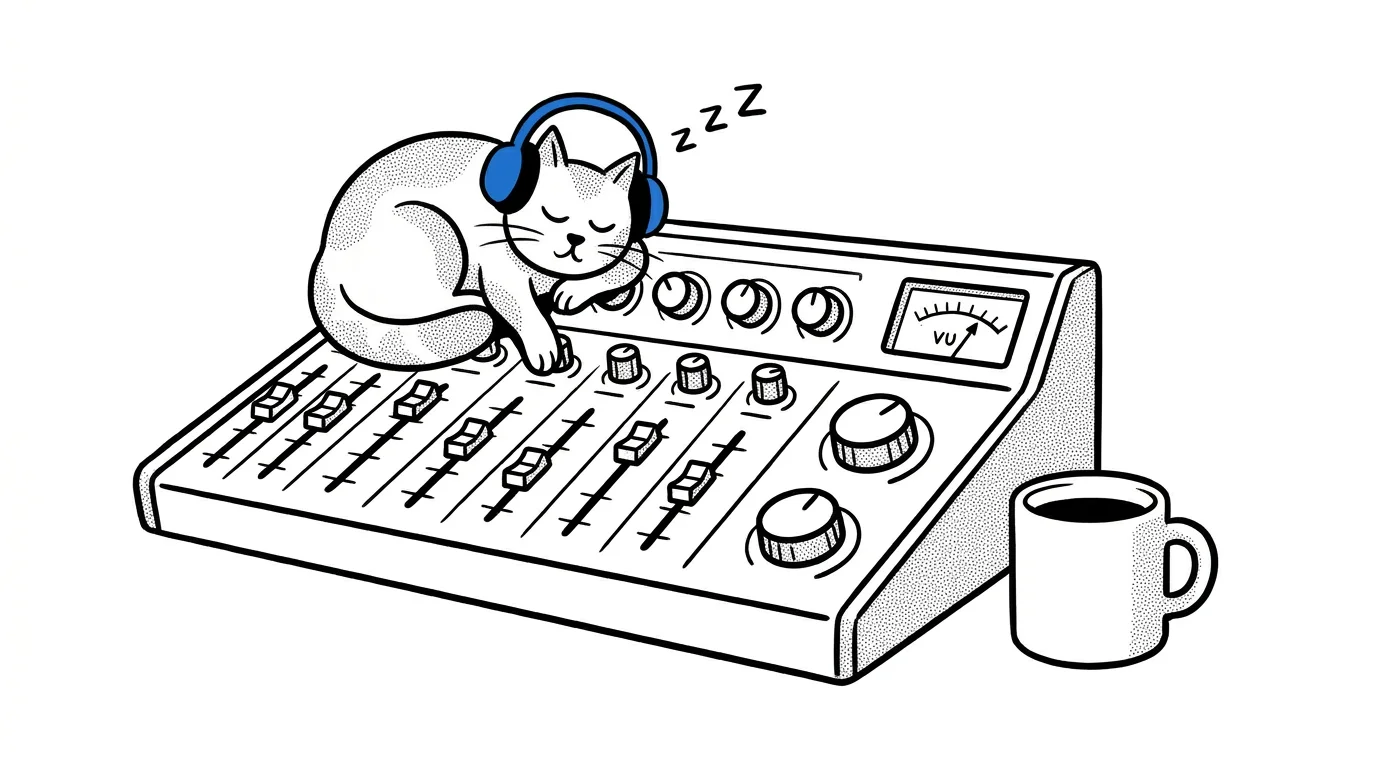 Linear-style illustration of a radio broadcast mixer with Pixel the cat napping at the corner wearing blue headphones
