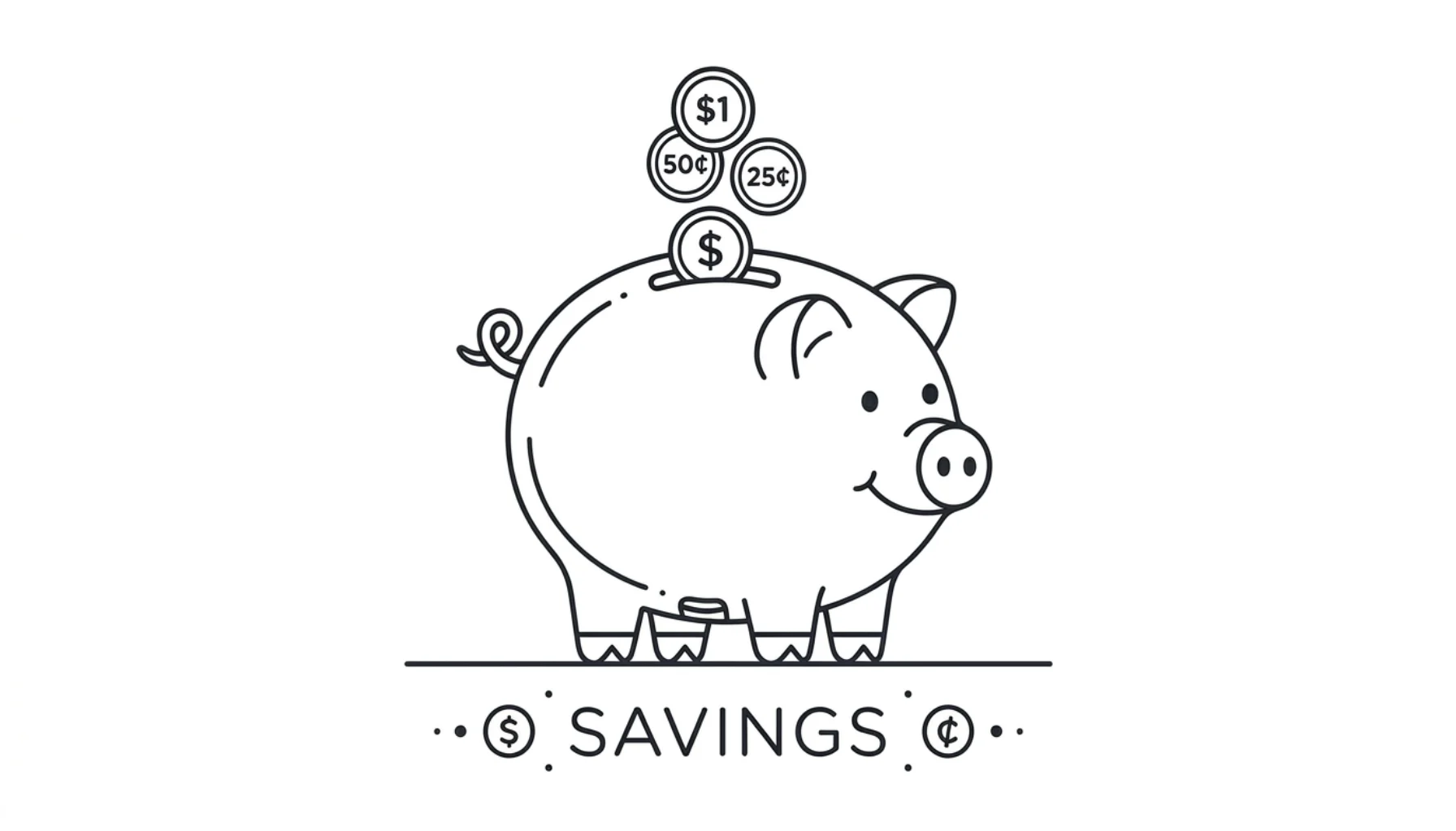 Line illustration of a smiling piggy bank labeled SAVINGS with coins ($1, 50¢, 25¢) dropping into the slot, illustrating the cost of starting an internet radio station