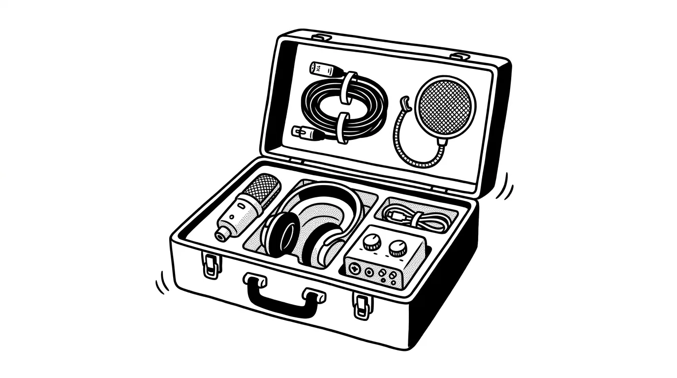 Open toolbox holding a condenser microphone, studio headphones, a coiled XLR cable, a portable audio interface, and a pop filter.