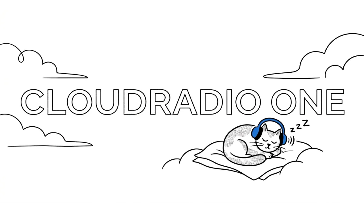 CloudRadio One launch illustration with a sleeping cat wearing blue headphones beneath the CLOUDRADIO ONE wordmark
