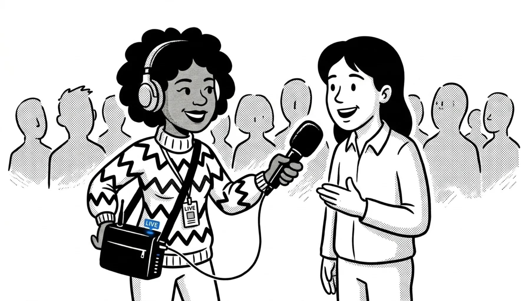 Radio reporter interviewing a fan in a crowd, wearing closed-back headphones and a press lanyard, with a handheld dynamic microphone and a broadcast pack on her hip