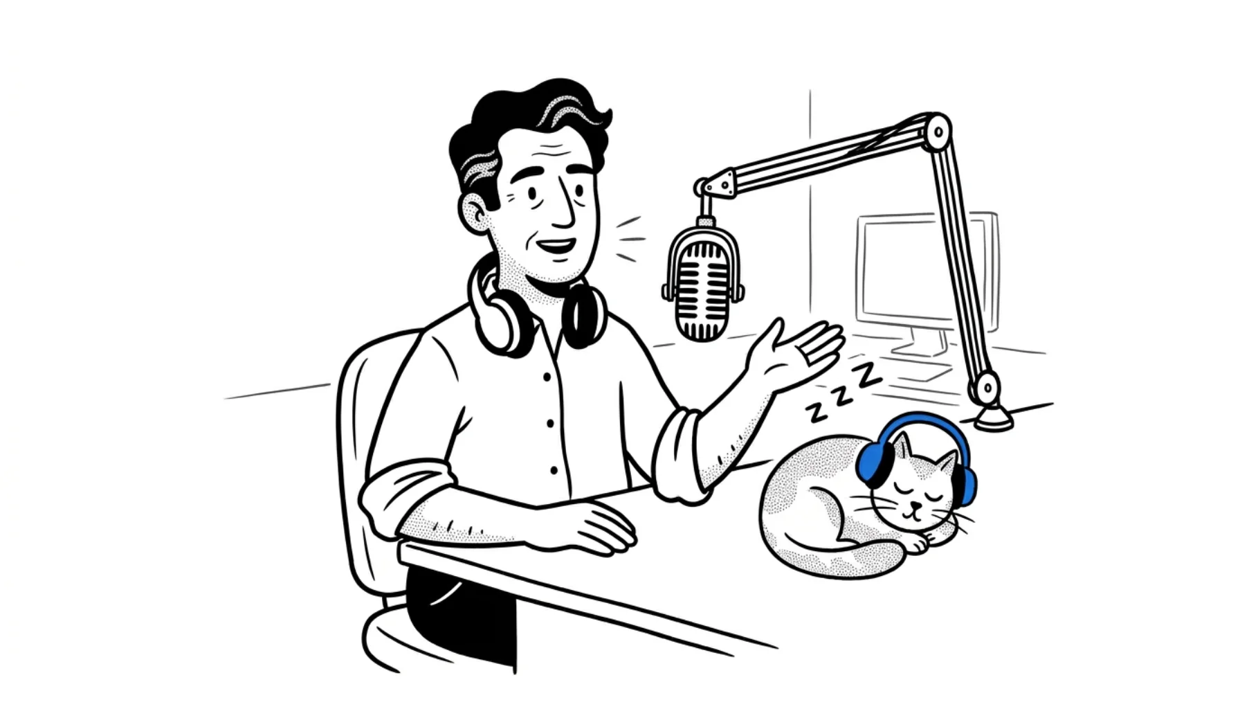Radio host leaning into a vintage broadcast microphone mid-sentence, headphones around his neck, with a cat napping beside him wearing blue headphones