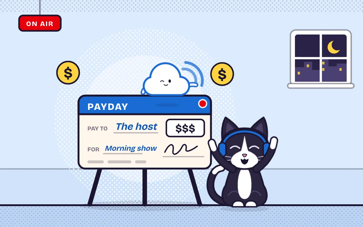 Domino the cat cheers beside a giant PAYDAY cheque made out to The host for the Morning show, with Puff the cloud on top