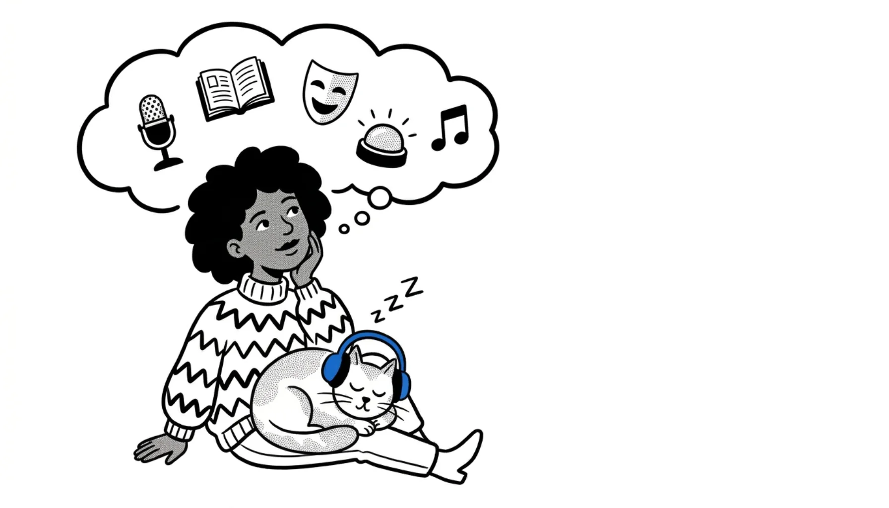 Radio show ideas illustration with a woman daydreaming while a cat with blue headphones naps in her lap, a thought bubble above her containing a microphone, a book, a drama mask, a quiz buzzer, and a music note