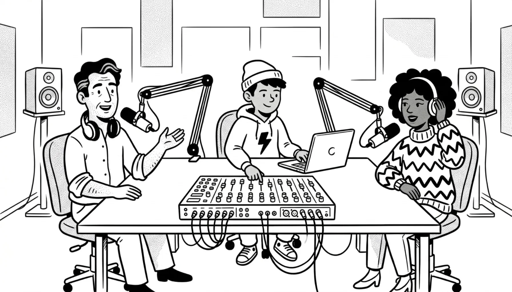 Three radio hosts at a studio desk with broadcast microphones on boom arms, a mixing console, a laptop, and monitor speakers