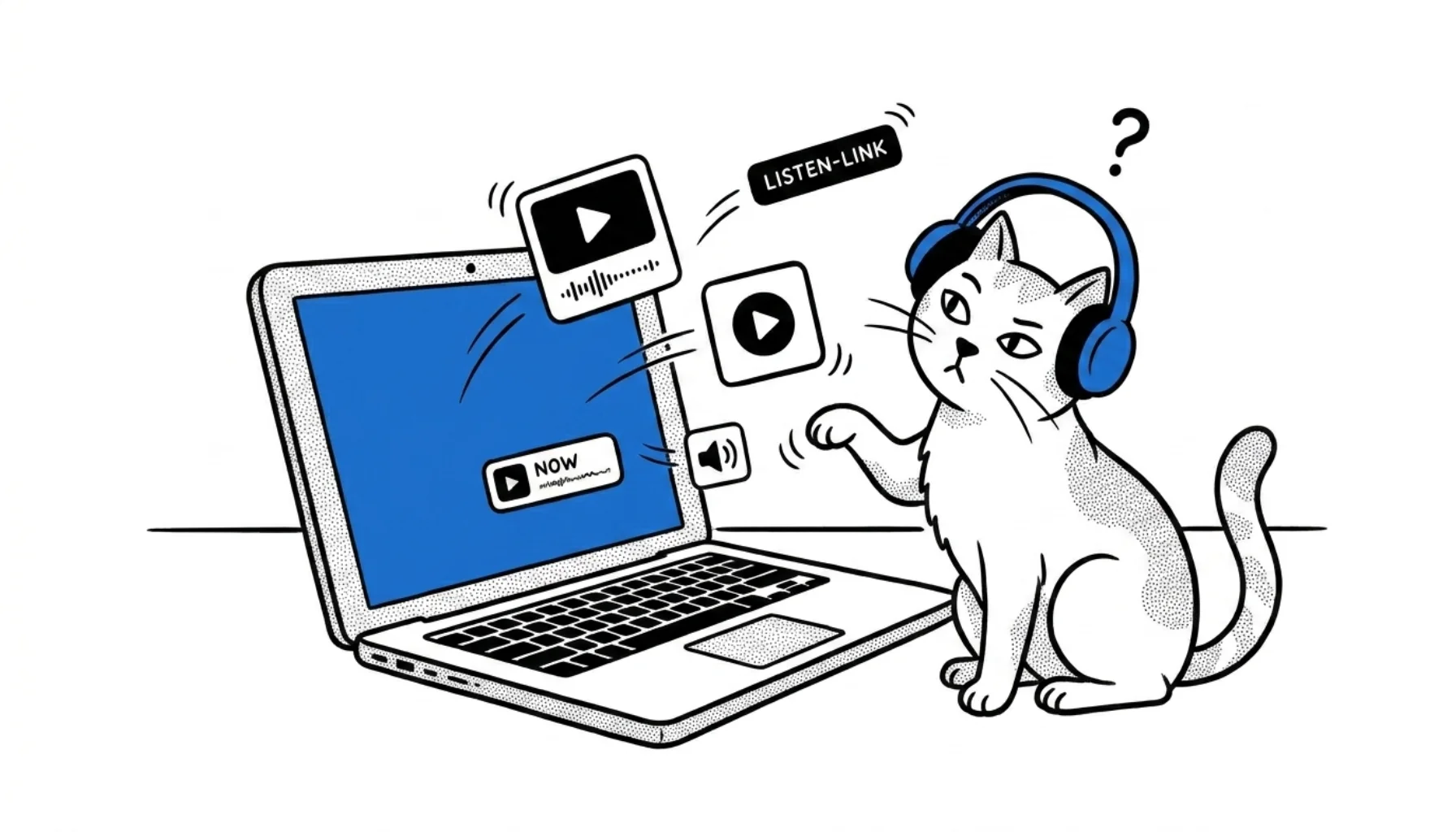 Linear-style illustration of a cat with blue headphones tilting its head curiously at radio website widgets, including play buttons, a now-playing card, and a listen-link button drifting out of a glowing blue laptop screen
