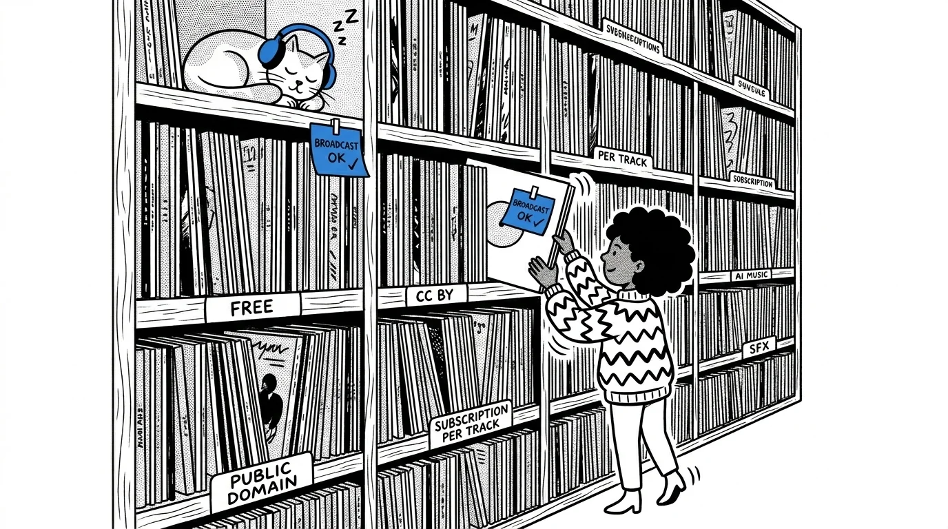 Radio station record library wall stacked with vinyl LPs, with shelf dividers labeled FREE, CC BY, PUBLIC DOMAIN, SUBSCRIPTION, PER TRACK, AI MUSIC, and SFX, as Nova pulls out one record marked with a blue BROADCAST OK sticky note while Pixel naps on the shelf above wearing blue headphones