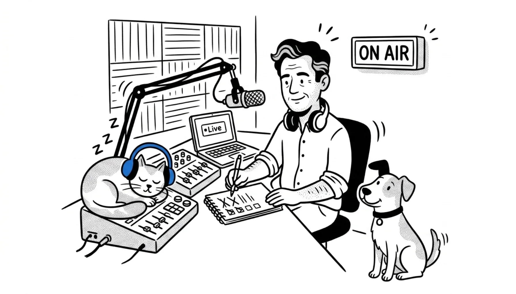 Radio host at a home studio desk with a broadcast microphone, mixer, and laptop showing Live, checking off an online radio station setup checklist while his cat naps on the mixer with blue headphones and his dog sits beside him under an ON AIR sign