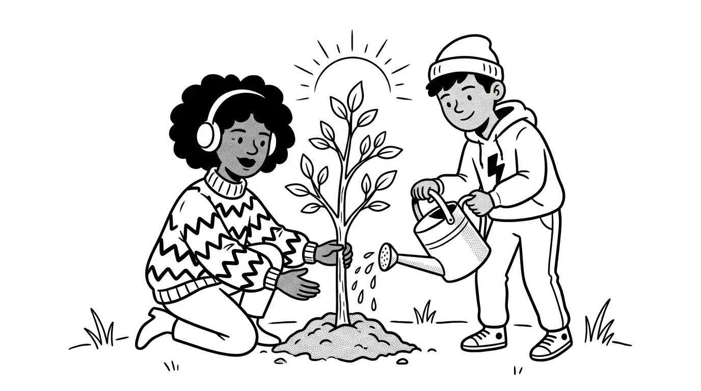 Illustration of two people growing a young tree, one wearing headphones and one watering it