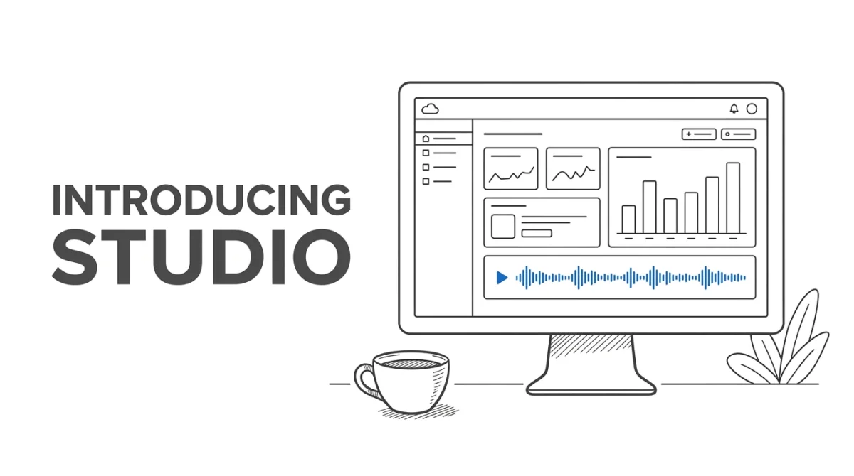 Illustration reading Introducing Studio next to the CloudRadio dashboard with charts and an audio waveform