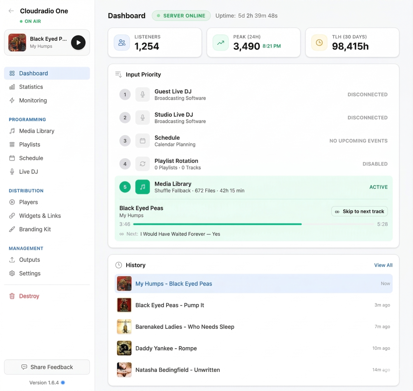 CloudRadio Studio dashboard showing your station overview