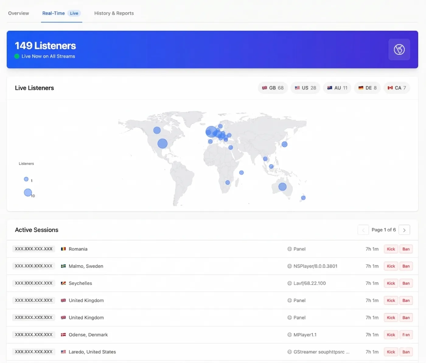 Live map showing real-time listeners around the world